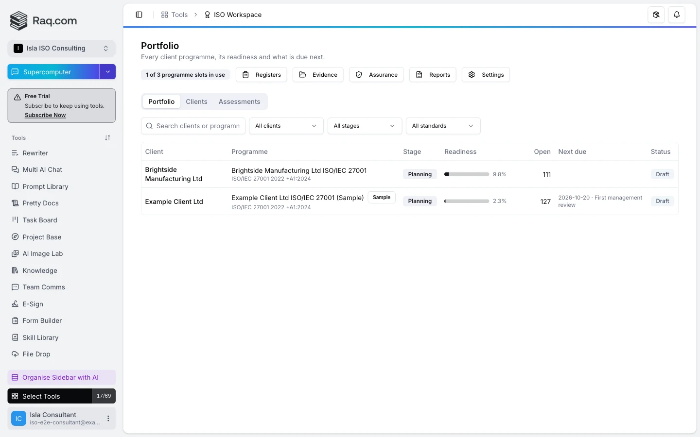 ISO Workspace portfolio showing client programmes, readiness and due dates