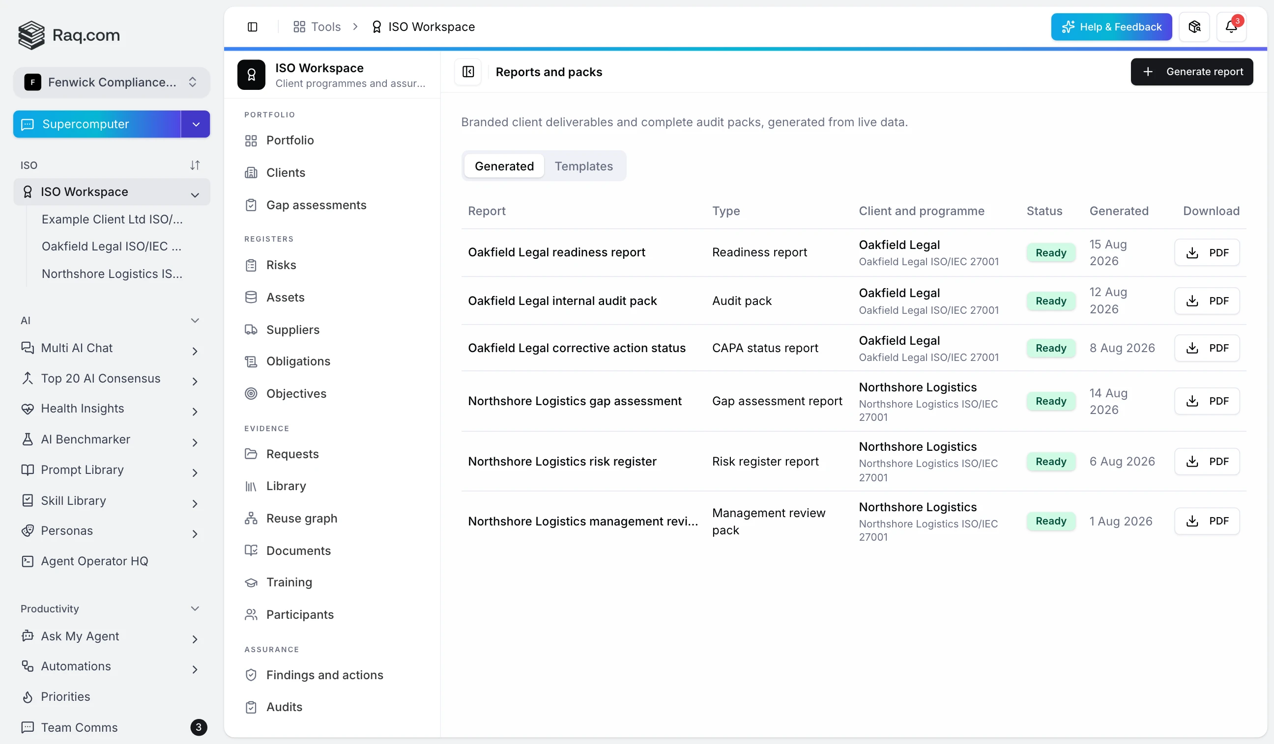 ISO management review and readiness reports ready to generate for a client